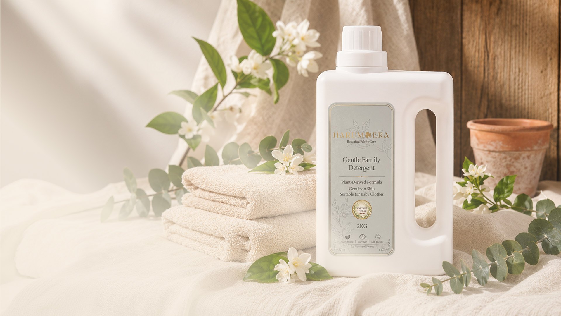 HarumEra Gentle Family Detergent set among jasmine, eucalyptus and soft folded towels