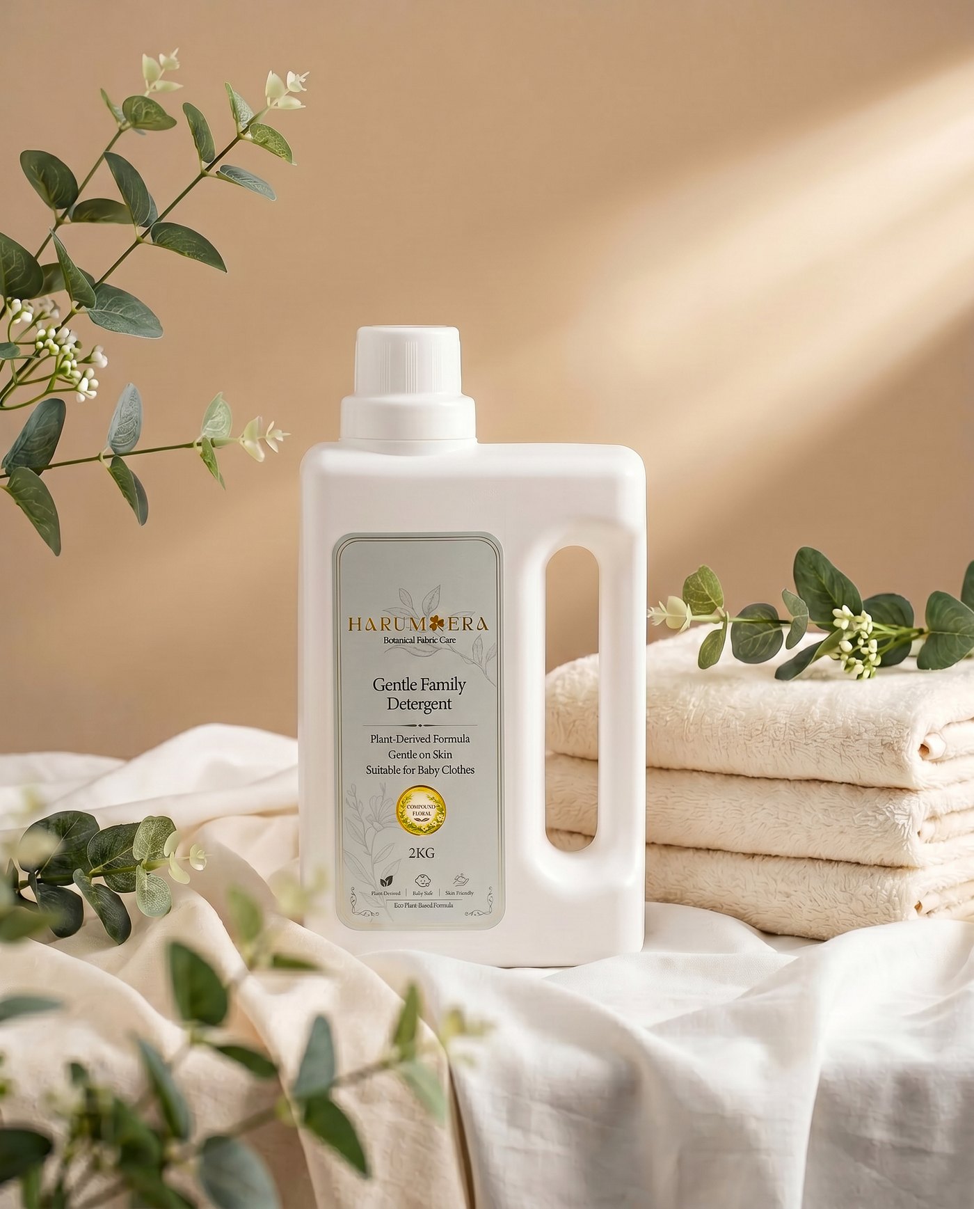 HarumEra detergent styled with towels and jasmine