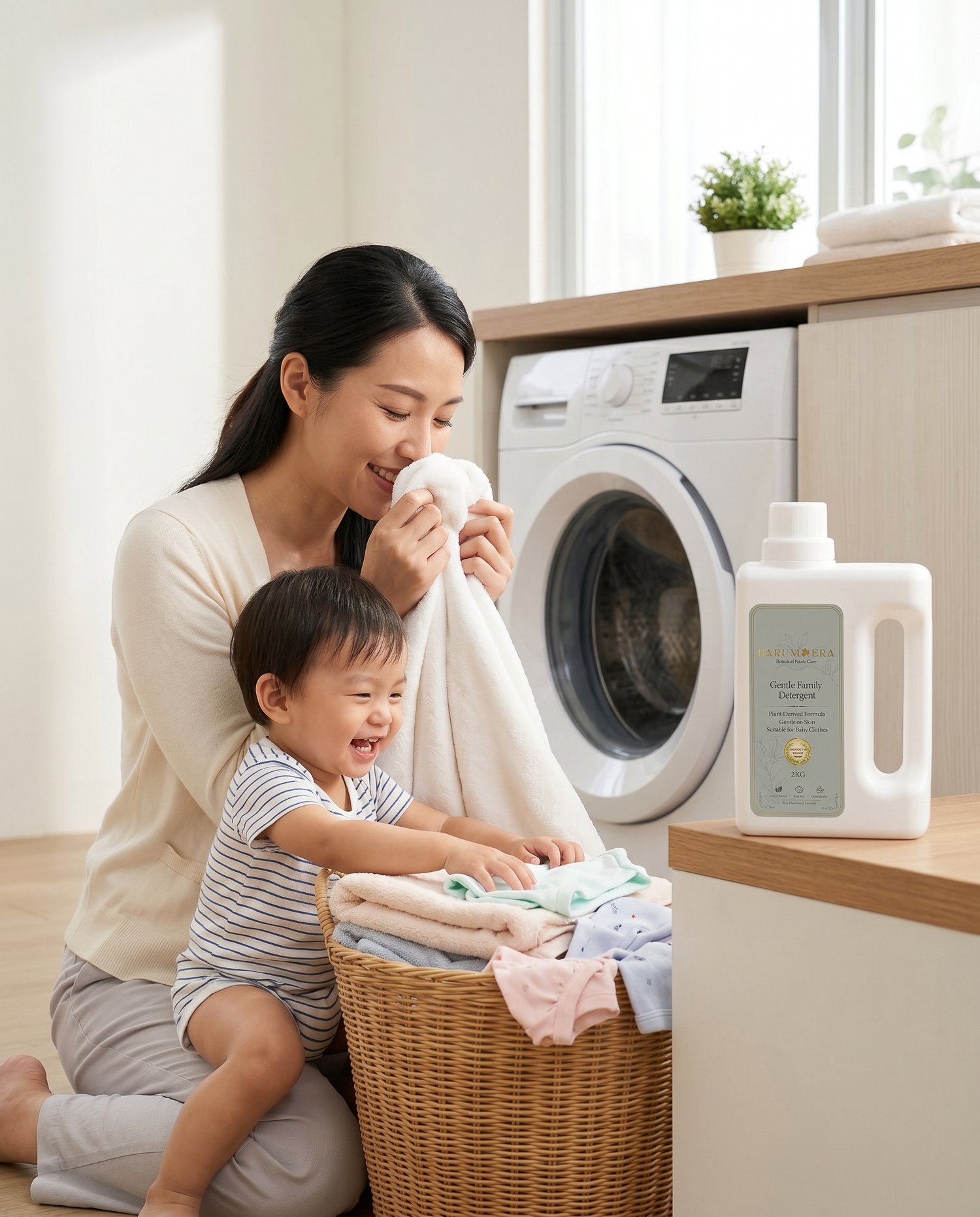 Mother and child enjoying freshly washed laundry