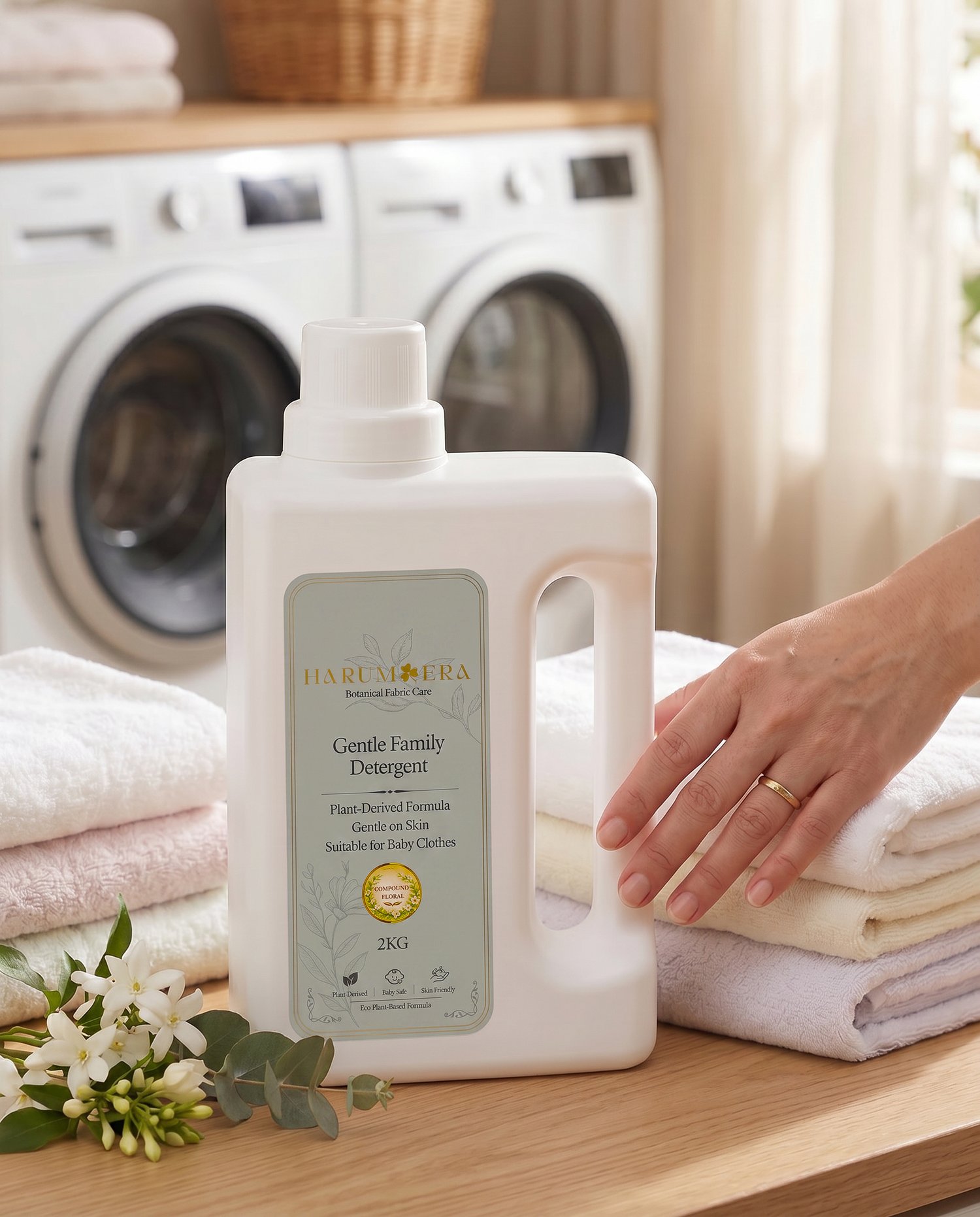 HarumEra detergent styled with soft towels and botanicals